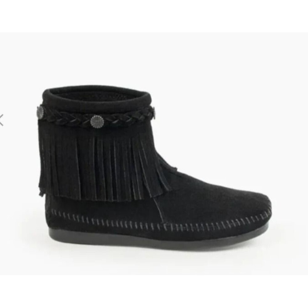 Minnetonka 299 Double Fringe Side Zip Suede Boots Black - Womens size 6 - NEW